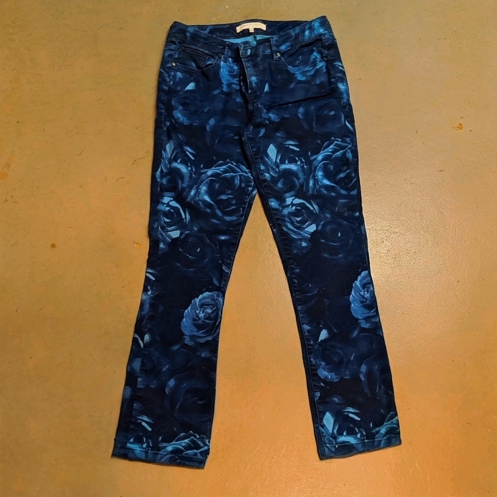 Isaac Mizrahi Live! 2014 Blue Digital Placement Printing Floral Jeans Size 10